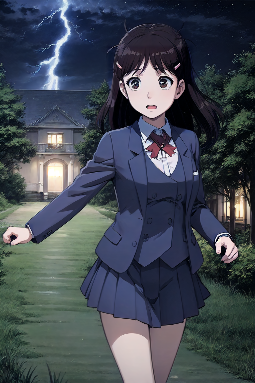 46407-3283852945-miyukina, 1girl, solo, hairclip, school uniform, blazer, vest, red ribbon, pleated skirt, night, lightning, storm, mansion, old.png